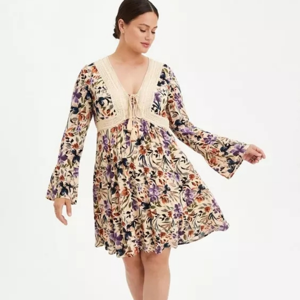 Cream Floral Crochet-Trim Boho Dress
